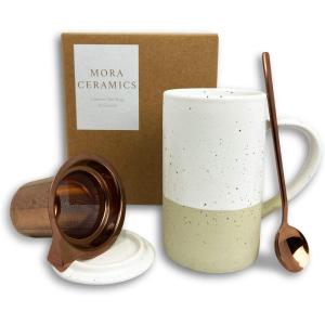 image:imageMora Ceramics Tea Cup with Loose Leaf Infuser Spoon and Lid 12 oz Microwave and Dishwasher Safe Coffee Mug  Rustic Matte Ceramic Glaze Modern Herbal Tea Strainer  Great Gift for Women TerracottaLimestone