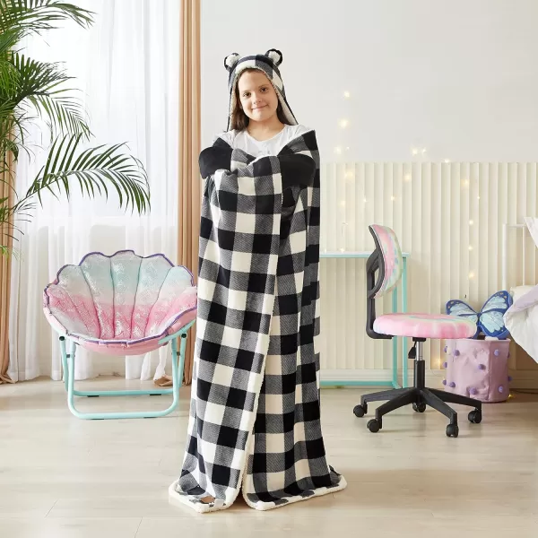 Dearfoams Black and White Buffalo Check Printed Royal Plush with Sherpa Reverse Adult Hooded Throw, 50"x60"