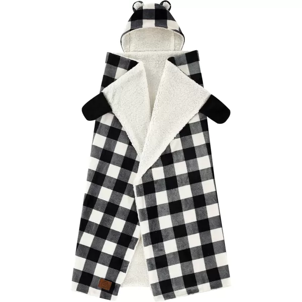 Dearfoams Black and White Buffalo Check Printed Royal Plush with Sherpa Reverse Adult Hooded Throw, 50"x60"