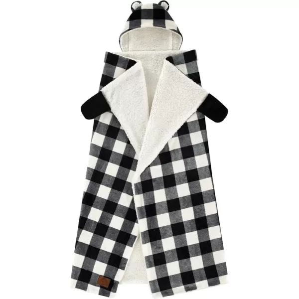 Dearfoams Black and White Buffalo Check Printed Royal Plush with Sherpa Reverse Adult Hooded Throw, 50"x60"