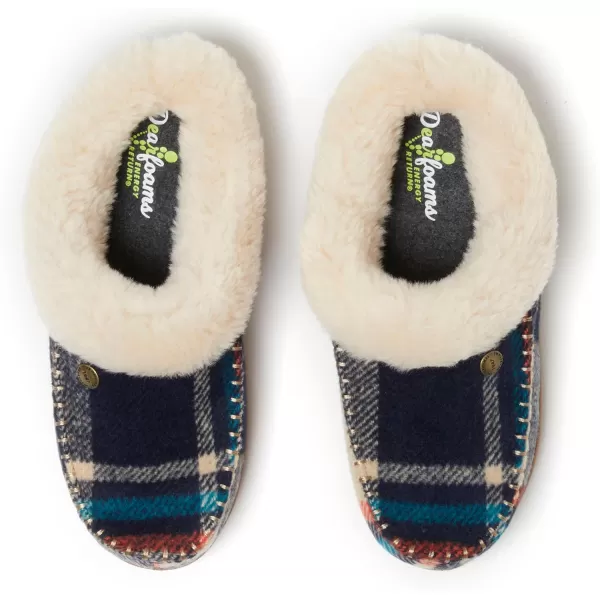Dearfoams Womens Atley Indoor Outdoor House Shoe Fuzzy Memeory Foam Clog SlipperNavy Plaid