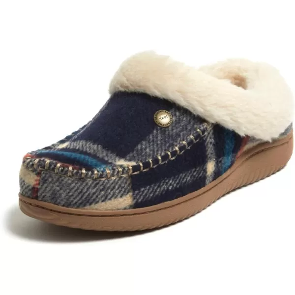 Dearfoams Womens Atley Indoor Outdoor House Shoe Fuzzy Memeory Foam Clog SlipperNavy Plaid