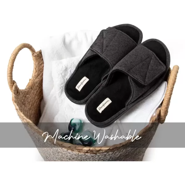 imageDearfoams Mens Adjustable IndoorOutdoor Memory Foam Machine Washable Summer Slide SlipperBlack Marled Knit