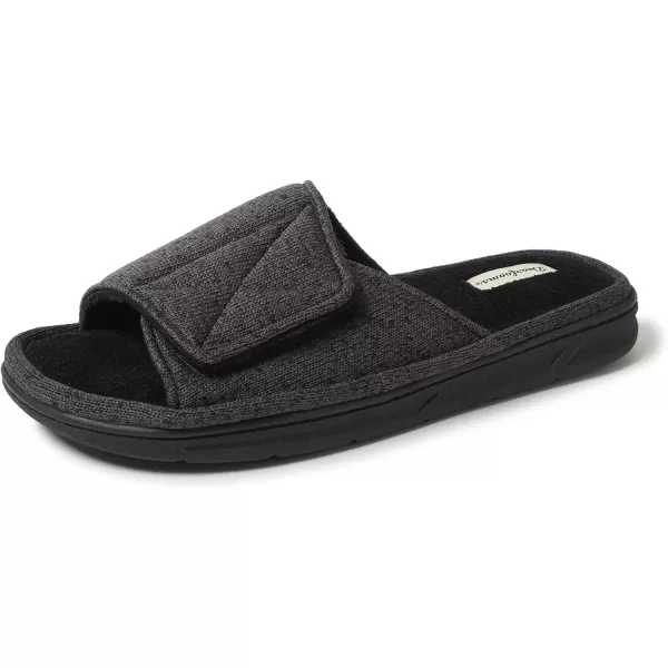 imageDearfoams Mens Adjustable IndoorOutdoor Memory Foam Machine Washable Summer Slide SlipperBlack Marled Knit