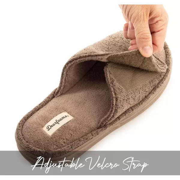 imageDearfoams Mens Adjustable IndoorOutdoor Memory Foam Machine Washable Summer Slide SlipperFossil Marled Knit