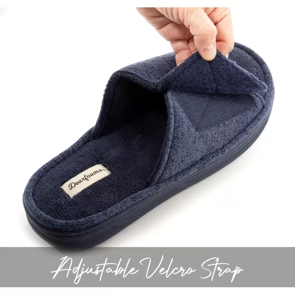 imageDearfoams Mens Adjustable IndoorOutdoor Memory Foam Machine Washable Summer Slide SlipperNavy Marled Knit