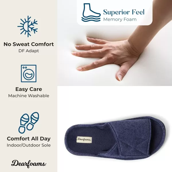 imageDearfoams Mens Adjustable IndoorOutdoor Memory Foam Machine Washable Summer Slide SlipperNavy Marled Knit