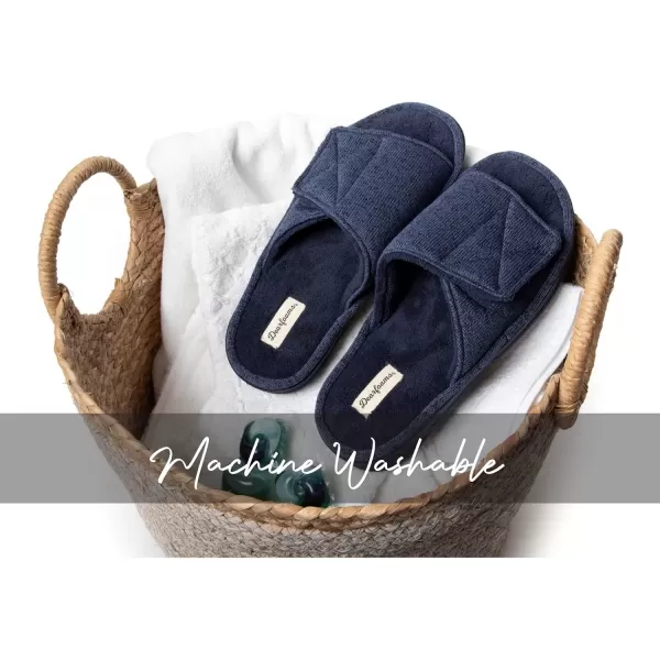 imageDearfoams Mens Adjustable IndoorOutdoor Memory Foam Machine Washable Summer Slide SlipperNavy Marled Knit