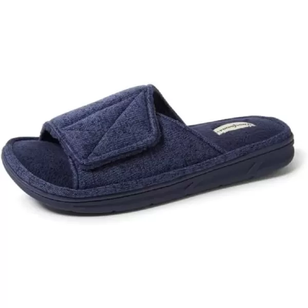 imageDearfoams Mens Adjustable IndoorOutdoor Memory Foam Machine Washable Summer Slide SlipperNavy Marled Knit