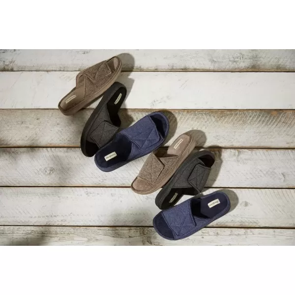 imageDearfoams Mens Adjustable IndoorOutdoor Memory Foam Machine Washable Summer Slide SlipperNavy Marled Knit