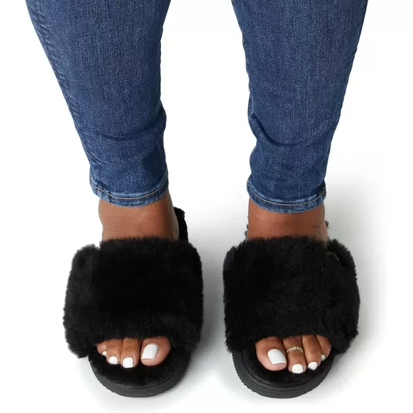 imageDearfoams Womens Fireside Cairns Shearling Easy OnOff Slide Sandal SlipperBlack