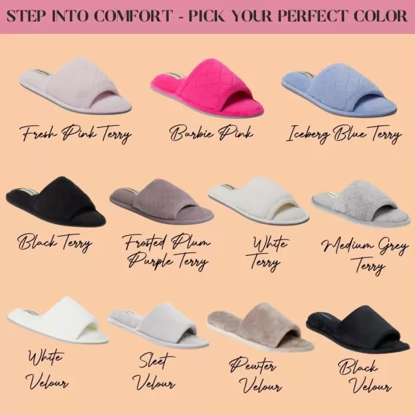 imageDearfoams Womens Indoor Fuzzy Memory Foam Cloud Slip On Beatrice House Slide SlipperFresh Pink Terry