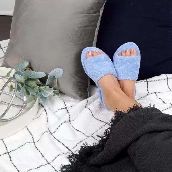 imageDearfoams Womens Indoor Fuzzy Memory Foam Cloud Slip On Beatrice House Slide SlipperIceberg Blue Terry