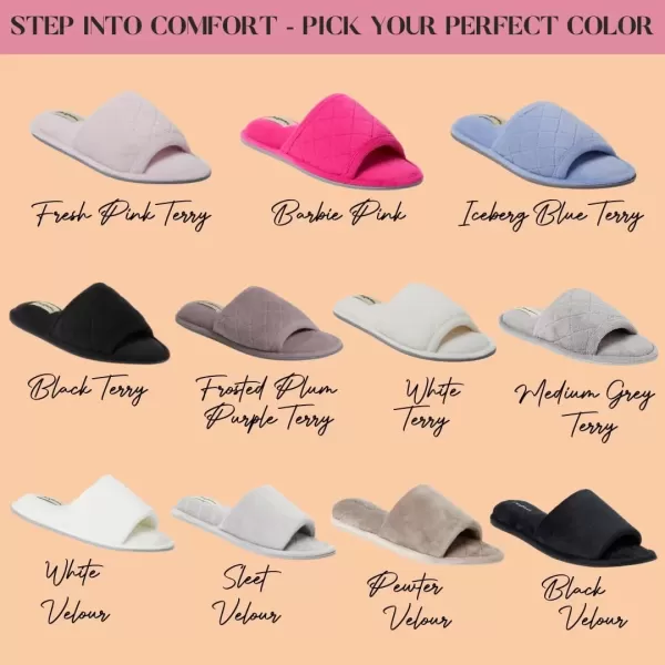 imageDearfoams Womens Indoor Fuzzy Memory Foam Cloud Slip On Beatrice House Slide SlipperPewter Velour