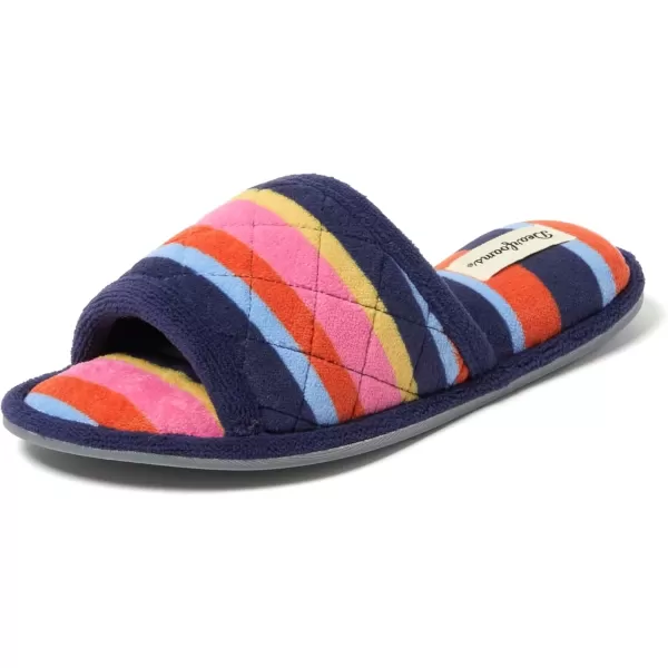 imageDearfoams Womens Indoor Fuzzy Memory Foam Cloud Slip On Beatrice House Slide SlipperTerry Stripes