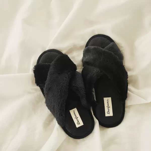 imageDearfoams Womens Jessica Furry Cross Band Slide SlipperBlack