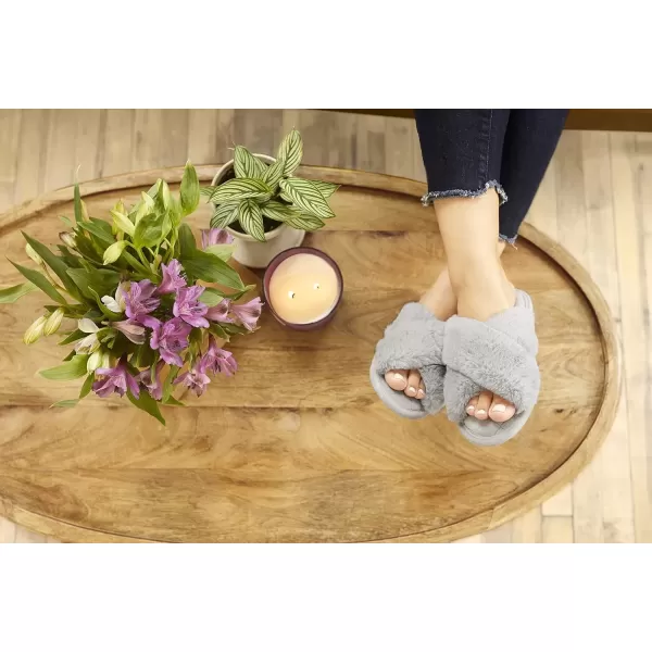 imageDearfoams Womens Jessica Furry Cross Band Slide SlipperSleet