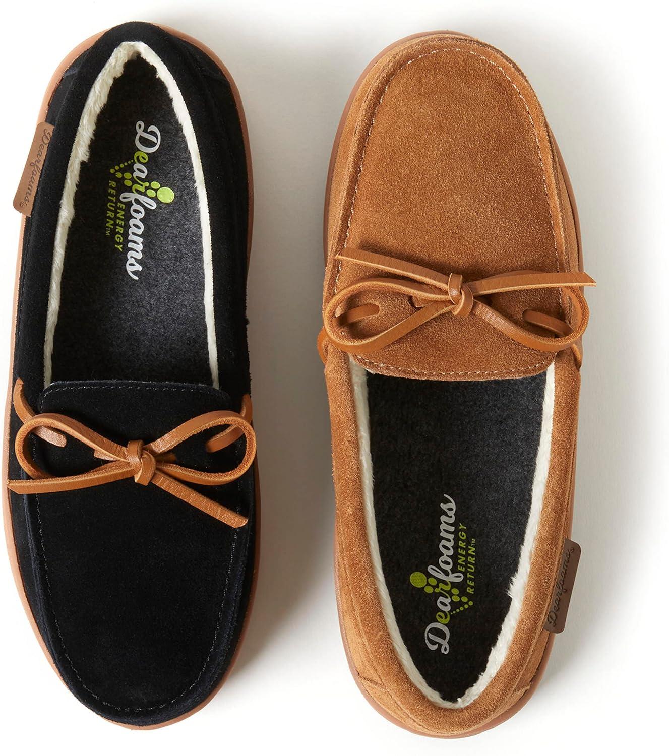 imageDearfoams Womens Wilmington Energy Return Comfort IndoorOutdoor Memory Foam Moccasin Slipper with TieChestnut Suede
