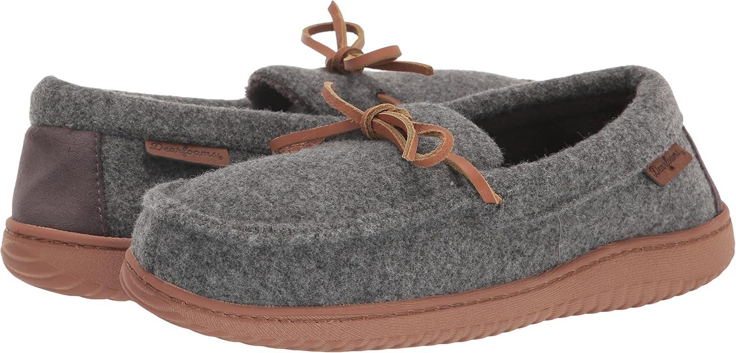 imageDearfoams Womens Wilmington Energy Return Comfort IndoorOutdoor Memory Foam Moccasin Slipper with TieOatmeal Heather Wool