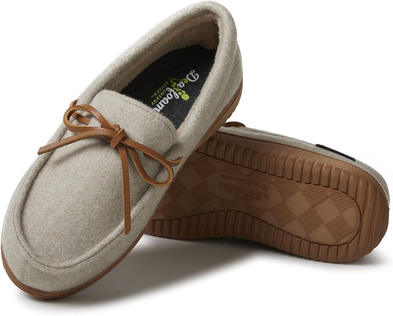 imageDearfoams Womens Wilmington Energy Return Comfort IndoorOutdoor Memory Foam Moccasin Slipper with TieOatmeal Heather Wool