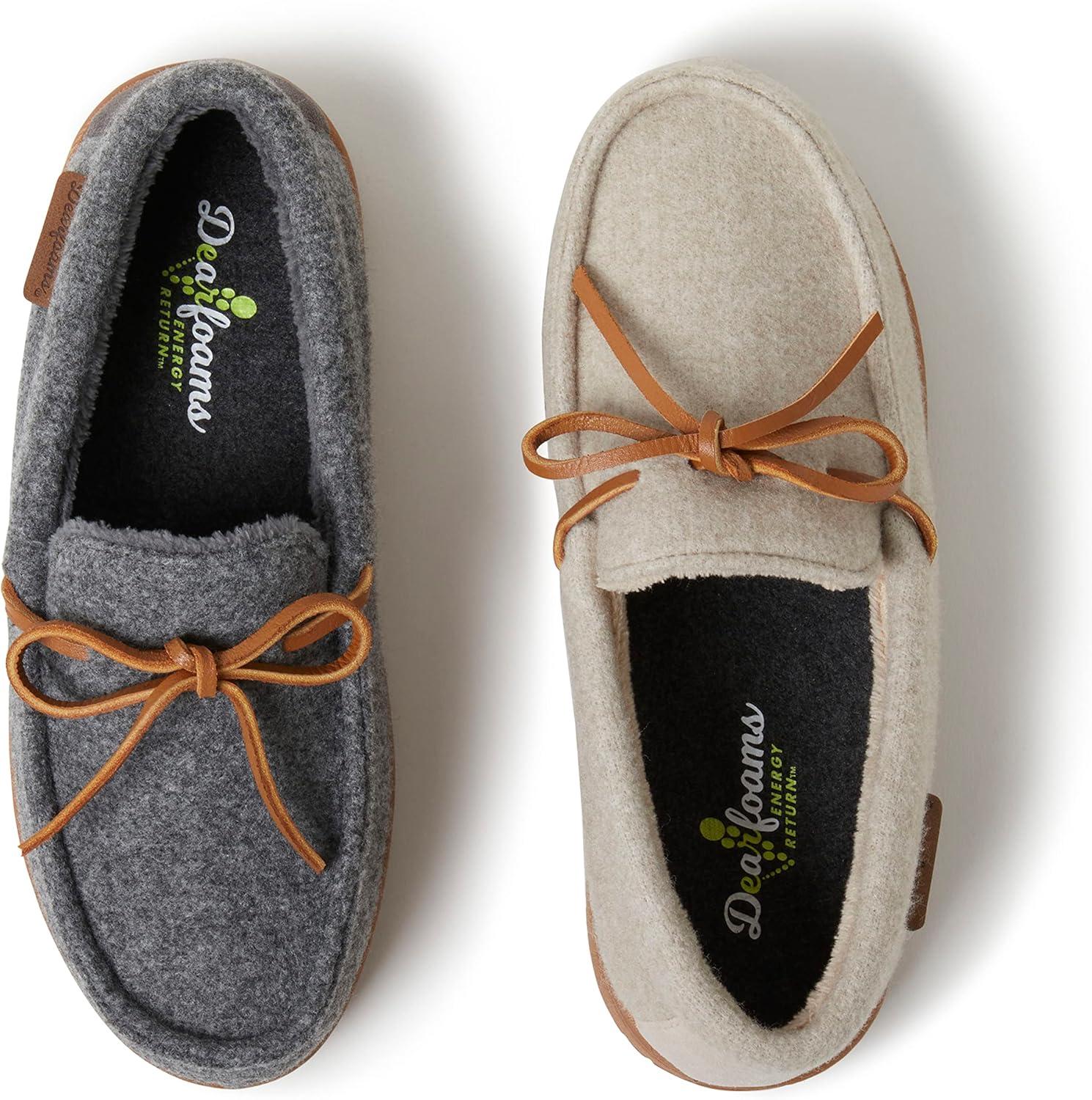 imageDearfoams Womens Wilmington Energy Return Comfort IndoorOutdoor Memory Foam Moccasin Slipper with TieOatmeal Heather Wool