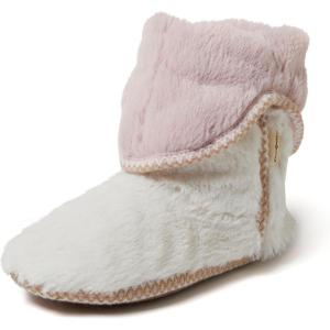 imageDearfoams Womens Fuzzy Memory Foam Beth Bedroom Bootie Slipper Sock with GrippersMuslin White
