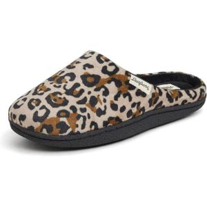 imageDearfoams Womens Memory Foam Washable Leslie Clog House Slipper with Wide WidthsLeopard Velour