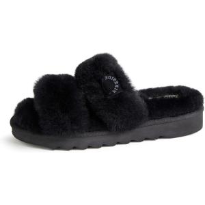 imageDearfoams Womens Fireside Benalla All Over Shearling Double Band Easy OnOff Slide SlipperBlack