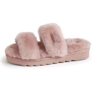 imageDearfoams Womens Fireside Benalla All Over Shearling Double Band Easy OnOff Slide SlipperDusty Pink