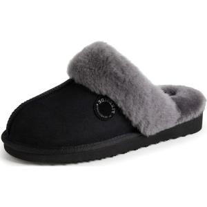 imageDearfoams Womens Fireside Sydney Shearling Fur IndoorOutdoor Scuff Slipper with Wide WidthsBlackGrey Fur