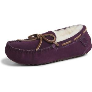 imageDearfoams Womens Fireside Water Resistant Genuine Shearling Victoria Moc with TieAubergine