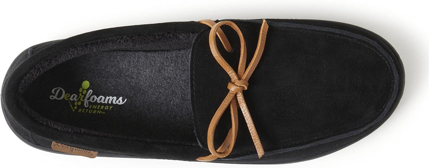 imageDearfoams Mens Woodstock Energy Return Comfort IndoorOutdoor Memory Foam Moccasin with Tie SlipperBlack Suede