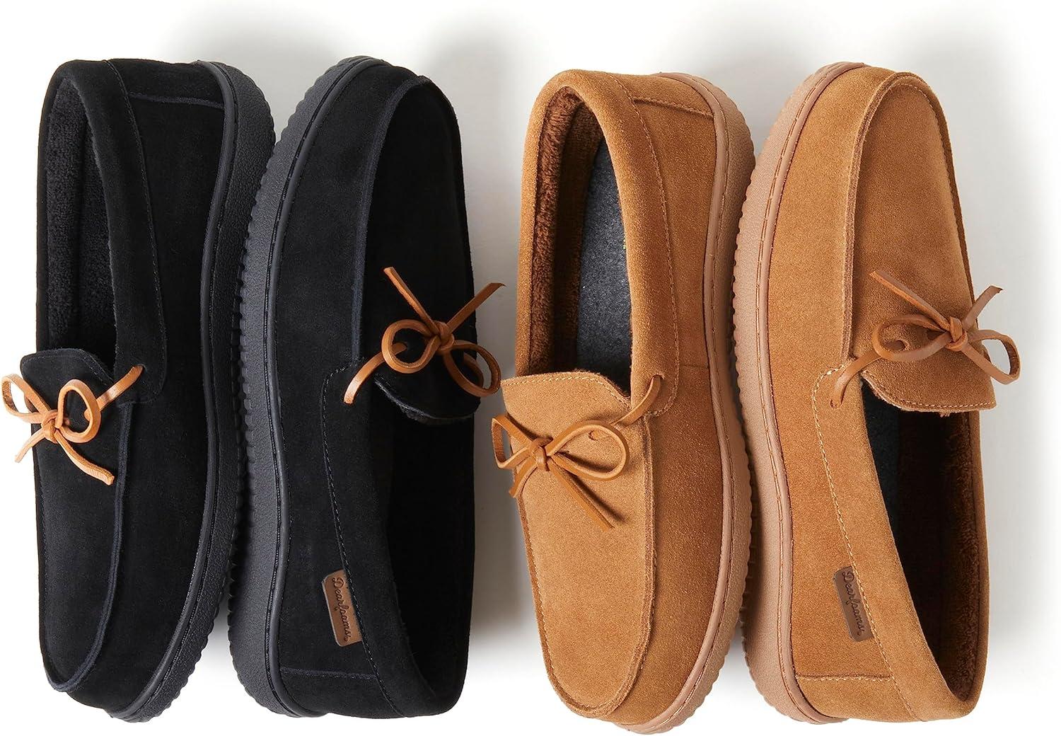 imageDearfoams Mens Woodstock Energy Return Comfort IndoorOutdoor Memory Foam Moccasin with Tie SlipperChestnut Suede