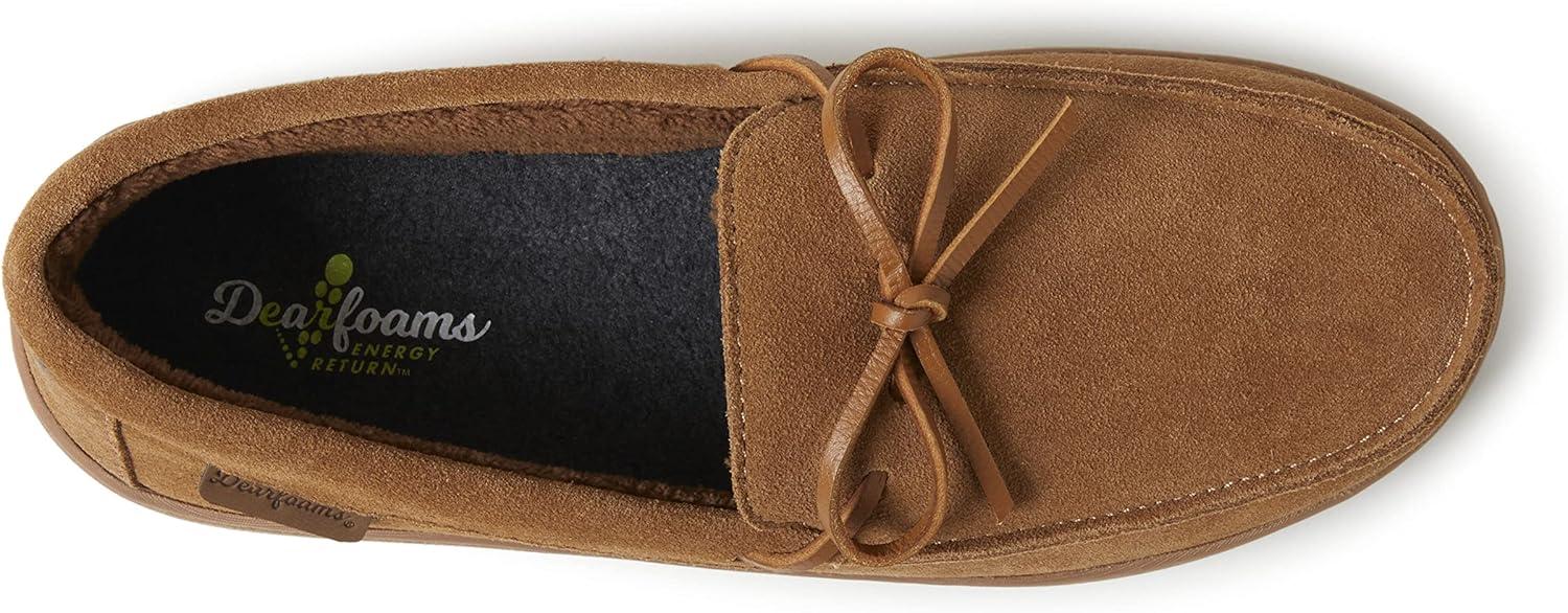 imageDearfoams Mens Woodstock Energy Return Comfort IndoorOutdoor Memory Foam Moccasin with Tie SlipperChestnut Suede