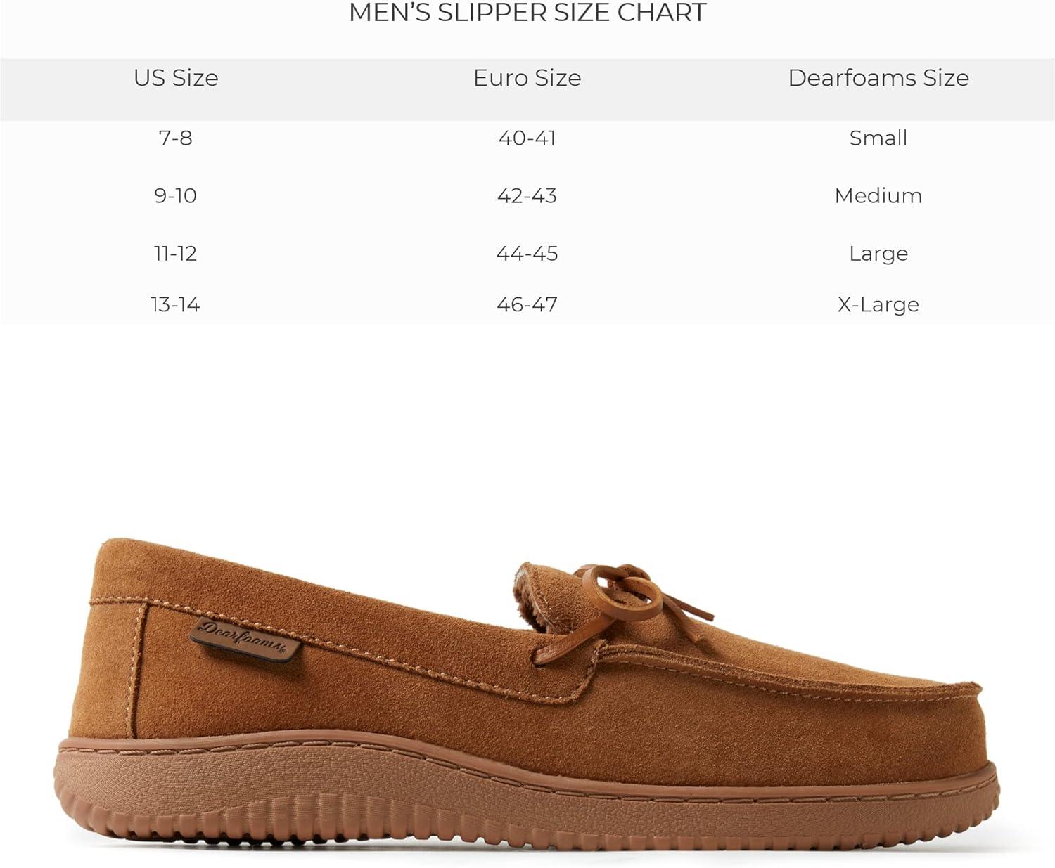 imageDearfoams Mens Woodstock Energy Return Comfort IndoorOutdoor Memory Foam Moccasin with Tie SlipperChestnut Suede