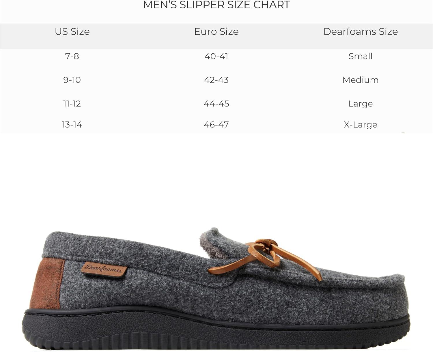 imageDearfoams Mens Woodstock Energy Return Comfort IndoorOutdoor Memory Foam Moccasin with Tie SlipperDark Heather Grey Wool Blend