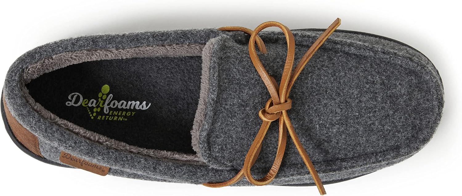 imageDearfoams Mens Woodstock Energy Return Comfort IndoorOutdoor Memory Foam Moccasin with Tie SlipperDark Heather Grey Wool Blend