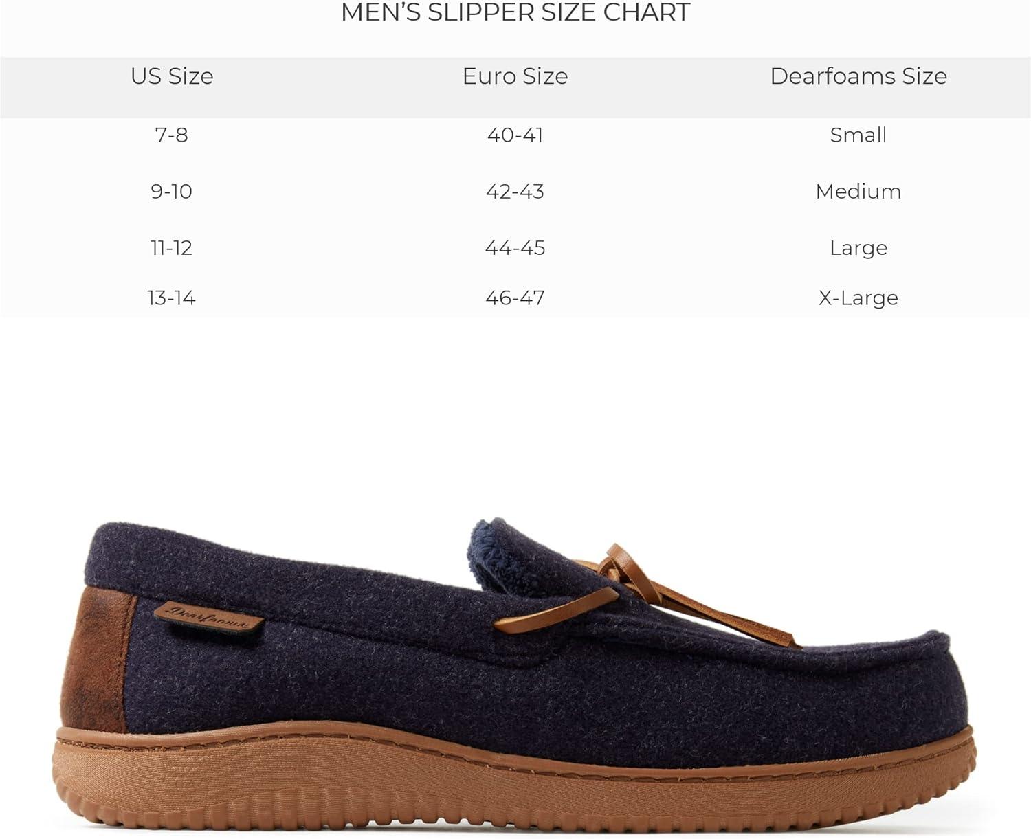 imageDearfoams Mens Woodstock Energy Return Comfort IndoorOutdoor Memory Foam Moccasin with Tie SlipperNavy Wool Blend