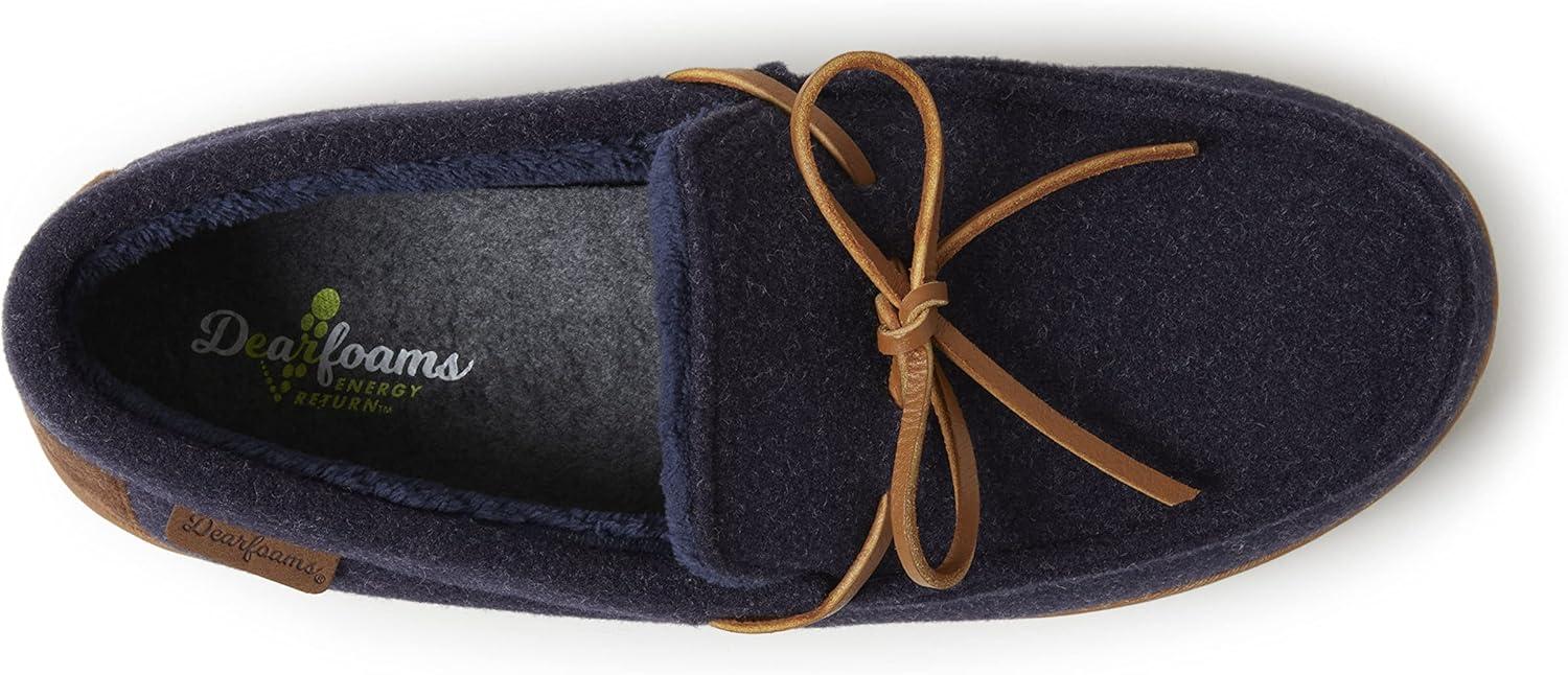 imageDearfoams Mens Woodstock Energy Return Comfort IndoorOutdoor Memory Foam Moccasin with Tie SlipperNavy Wool Blend