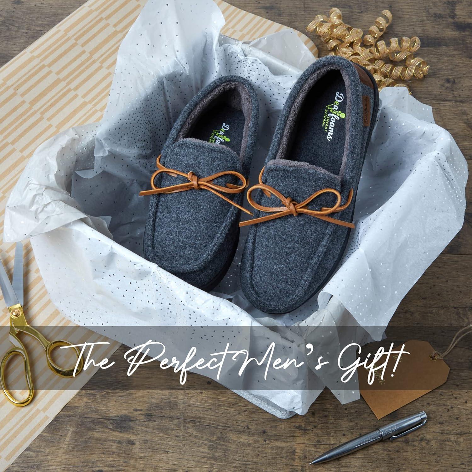 imageDearfoams Mens Woodstock Energy Return Comfort IndoorOutdoor Memory Foam Moccasin with Tie SlipperNavy Wool Blend