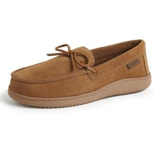 imageDearfoams Mens Woodstock Energy Return Comfort IndoorOutdoor Memory Foam Moccasin with Tie SlipperChestnut Suede