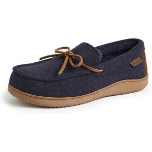 imageDearfoams Mens Woodstock Energy Return Comfort IndoorOutdoor Memory Foam Moccasin with Tie SlipperNavy Wool Blend