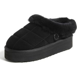 imageDearfoams Womens Shearling Platform Slippers Bendigo Comfy Puff Plush Clog House ShoesBlack