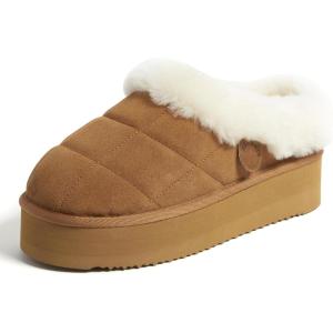 imageDearfoams Womens Shearling Platform Slippers Bendigo Comfy Puff Plush Clog House ShoesChestnut