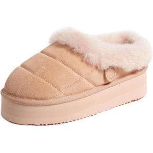 imageDearfoams Womens Shearling Platform Slippers Bendigo Comfy Puff Plush Clog House ShoesPeach Dust