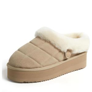 imageDearfoams Womens Shearling Platform Slippers Bendigo Comfy Puff Plush Clog House ShoesSand