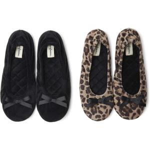 imageDearfoams Womens Layla Ballerina with Suede Outsole SlipperBlack  Leopard 2 Pack