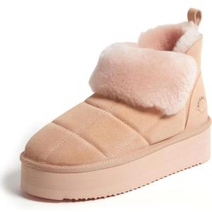 imageDearfoams Womens Bootie Bayswater Comfy Indoor Outdoor Shearling Platform Slipper Ankle BootPeach Dust
