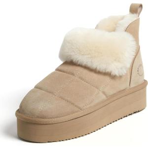 imageDearfoams Womens Bootie Bayswater Comfy Indoor Outdoor Shearling Platform Slipper Ankle BootSand