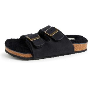 imageDearfoams Womens Fireside Tamworth Shearling Slide Sandal with Cork Footbed and Adjustable BucklesBlack